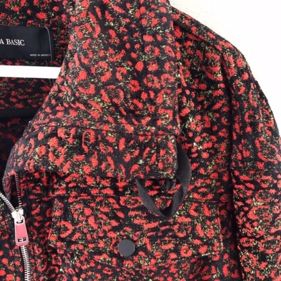 Zara Basic Leopard Zip Up Jacket Red/Black Sz XS - Picture 4 of 7